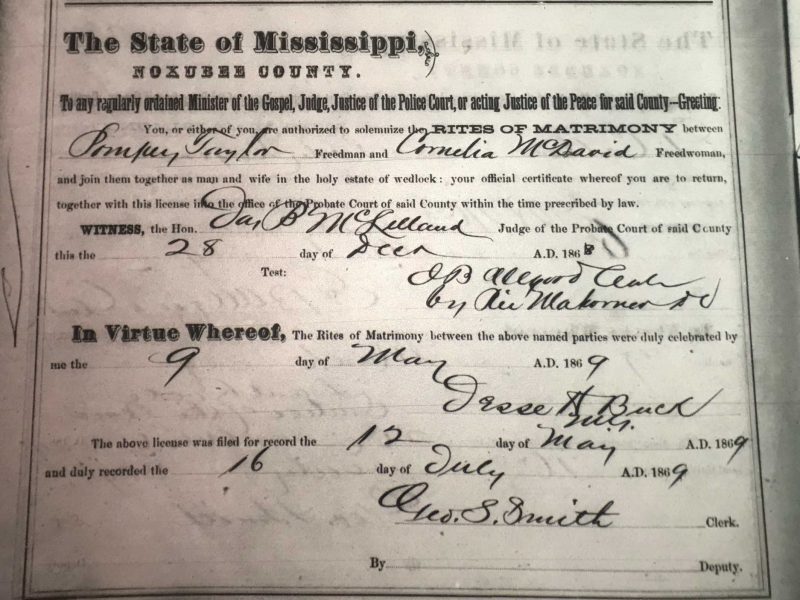 Pompey Taylor and Cornelia McDavid's Marriage License