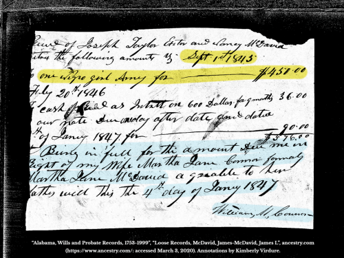 September 1847: William Connor and Martha Jane (McDavid) Connor document Amy as their property.