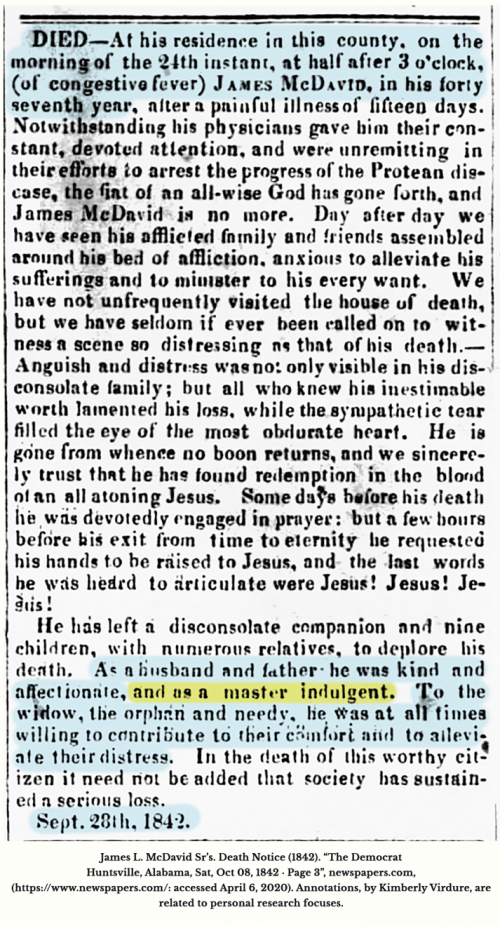James L. McDavid Sr's. death notice published in The Democrat newspaper (Huntsville, Alabama)